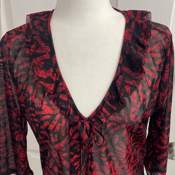 Simon Chang Red & Black Swim Coverup Ruffled Collar Self Tie 3/4 Sleeves Size M - Picture 2 of 11
